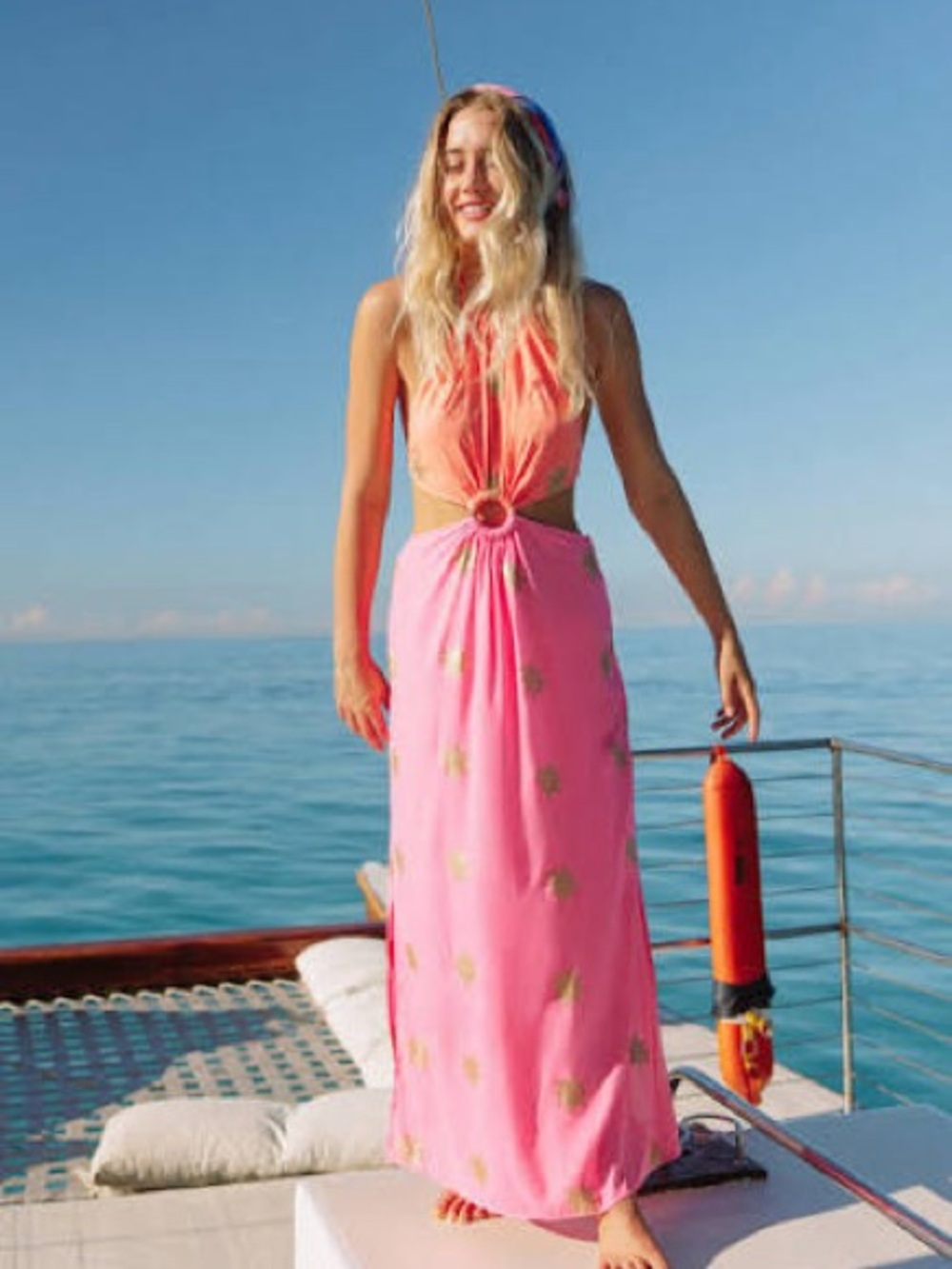Sundress Filiza Sun Glitter Coral Pink Midi Dress with Gold Starburst Detail